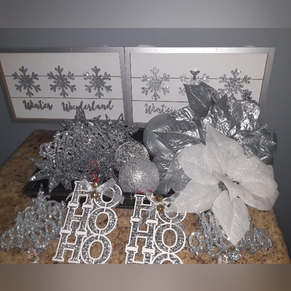 Silver Glittered Christmas Decoration Bundle